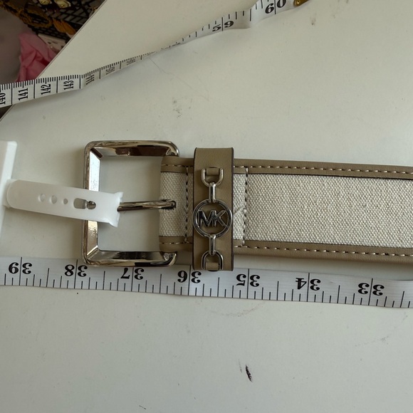 Michael Kors Cream Canvas Belt with Tan Trim and Silver-Tone MK Accent - Picture 5 of 5
